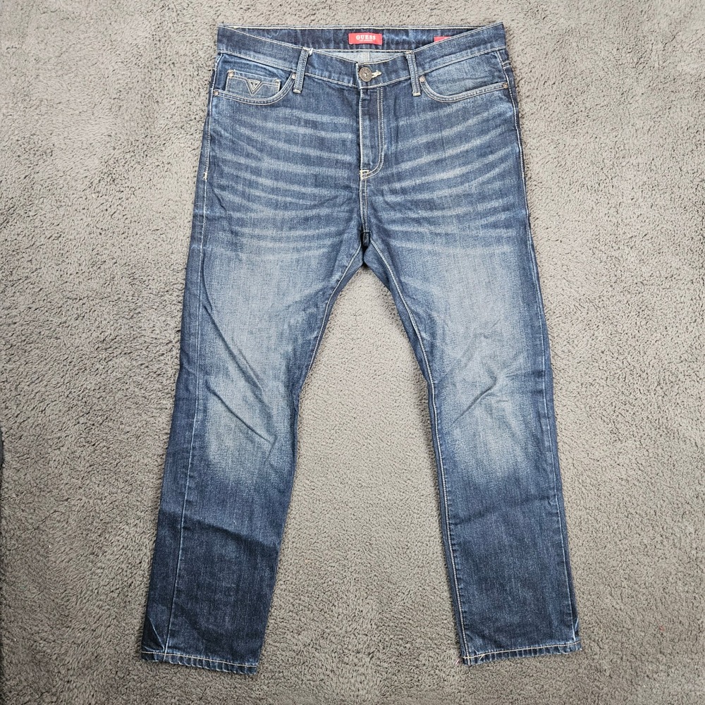 Guess Mens Del Mar Fit Slim Straight Jeans Dark‎ Wash Blue Size 34 (37x31)